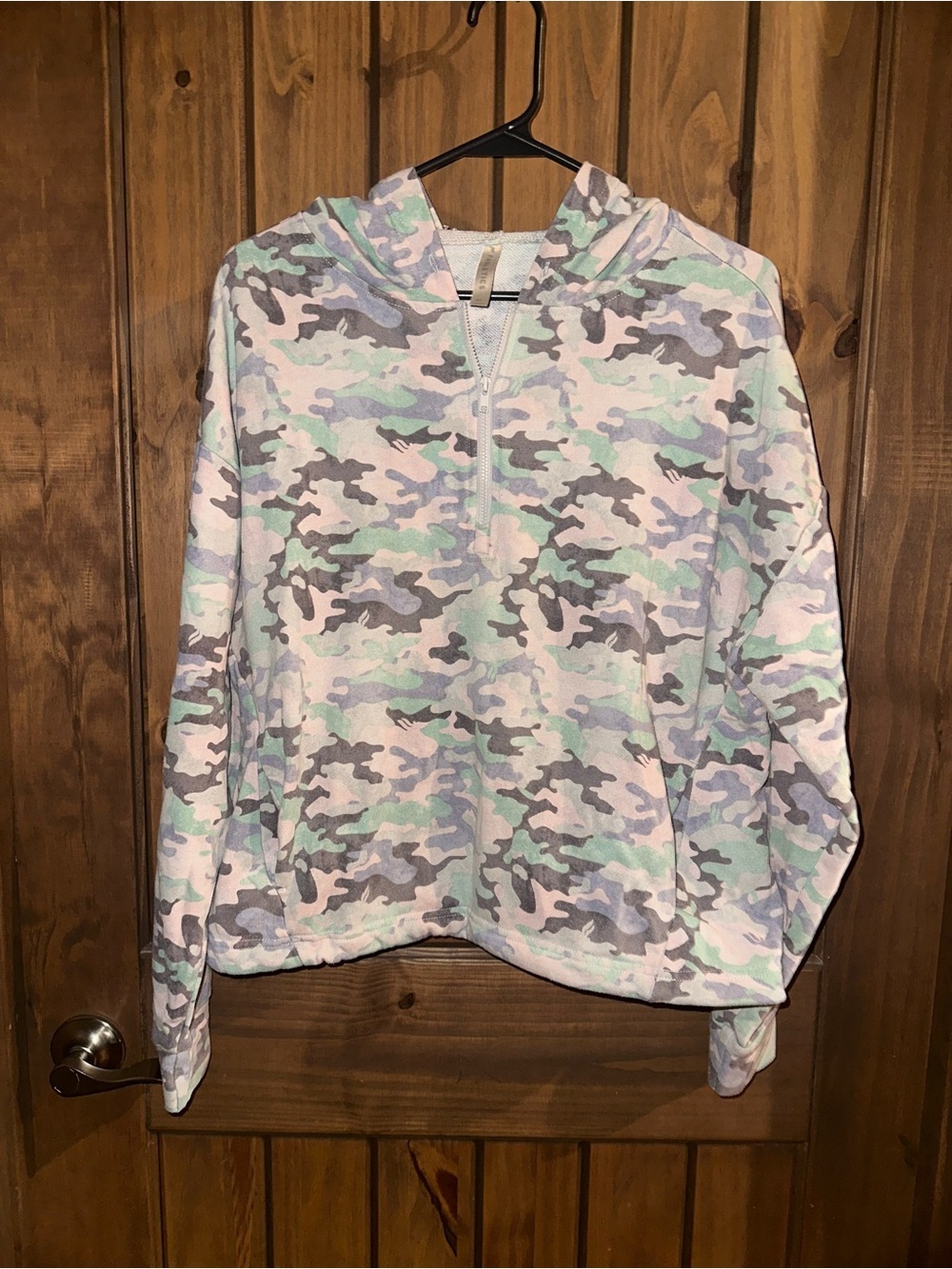 Fabletics womens Mint, Gray & Light Pink Camo Half-Zip Hoodie